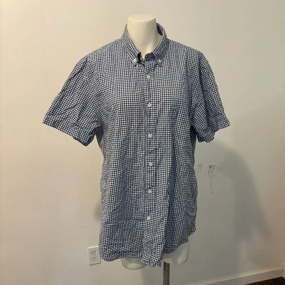 J. Crew Size Large Navy Gingham Print Short Sleeve Men's Button Down Preppy